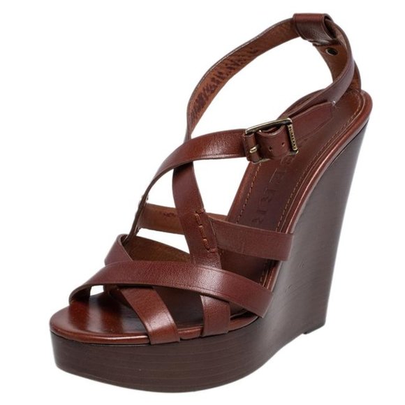 Burberry Shoes - Burberry Birdie Delamer Brown Leather Strappy Clog Wedge Platform Sandals